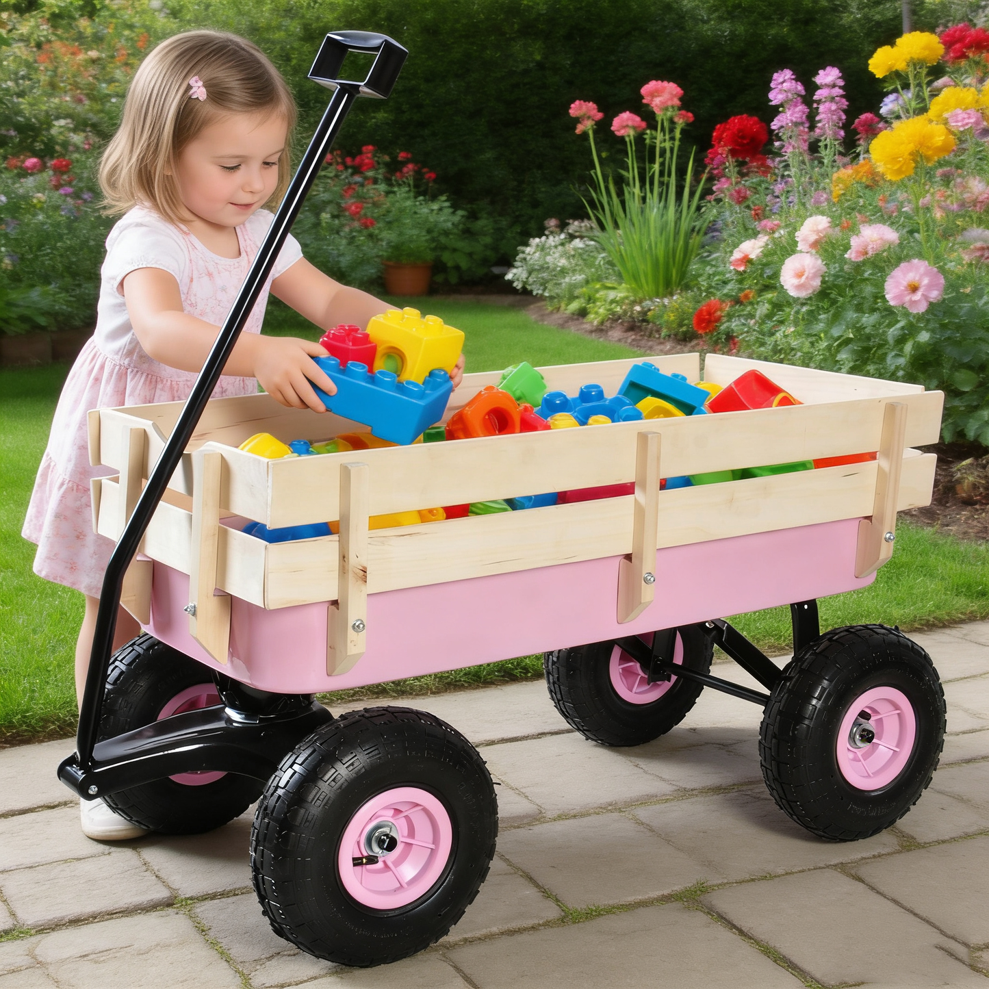 Outdoor All Terrain Garden Wagon with Wooden Railings and Pneumatic Tires