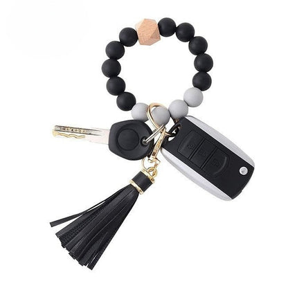 PU Tassel Keychain Bag charm Silicone Beaded Keychain Wristlet Key Ring Bracelet Cute Car Key Chain Holder for Women Girls