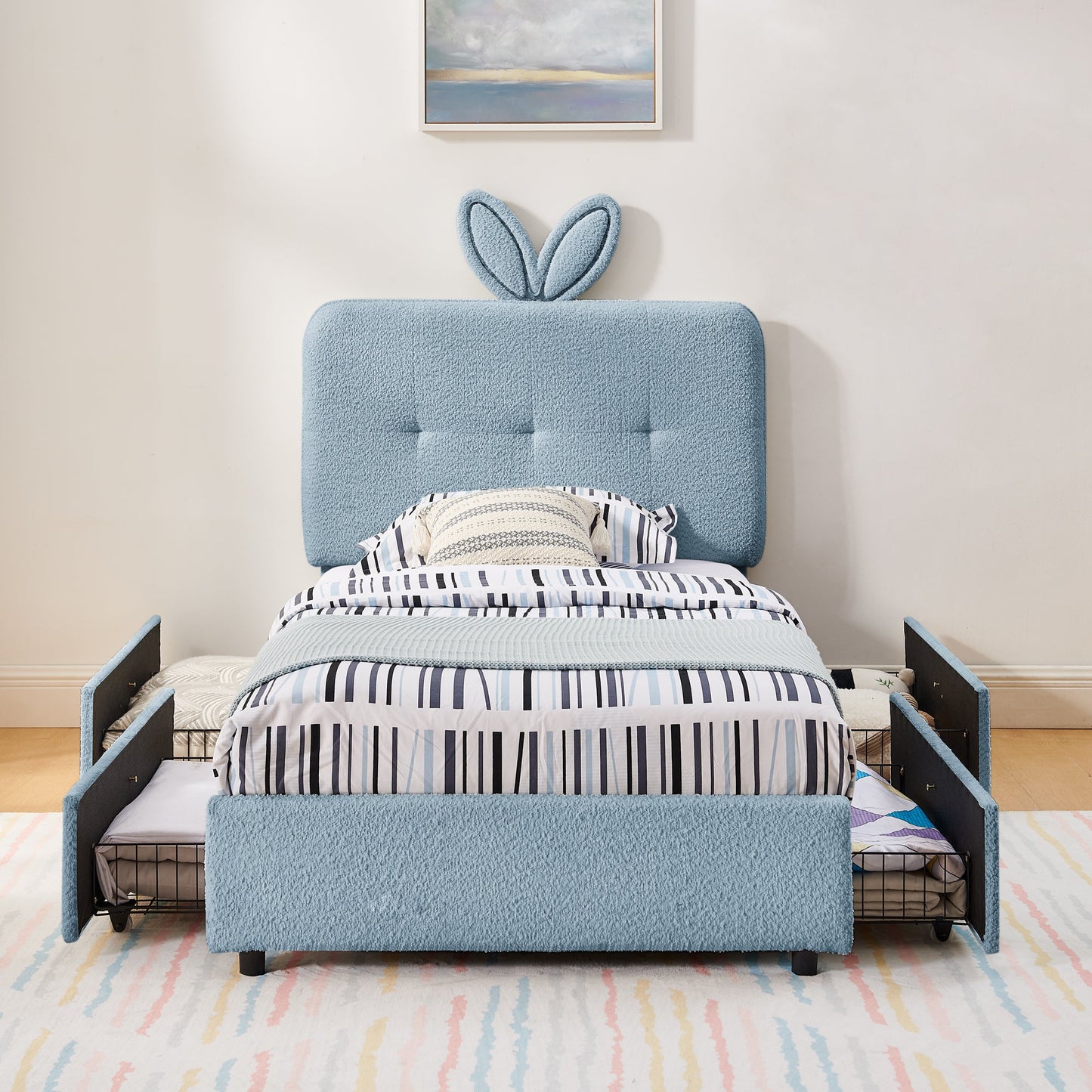 Twin Size Kids Upholstered Bed with Oversized Rabbit Ear Headboard