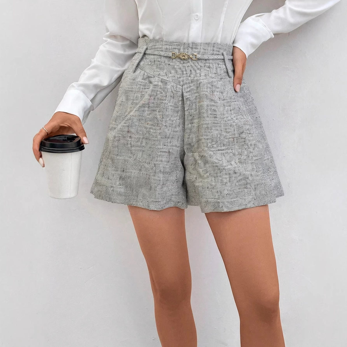 Womens A-line Solid-color Woven High-waist Shorts With Metal Buckles