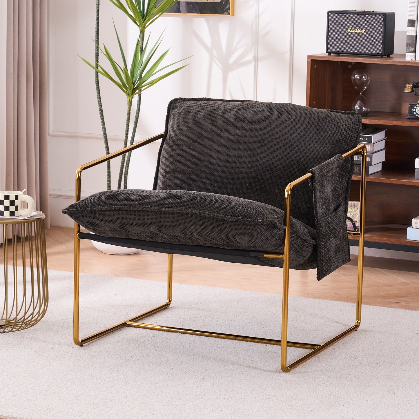 Upholstered Hanging Armchair With Arm Pocketsmetal Frame (Set of 2), Plated Craftsmanship, Crushed Foam Cushions And Skin-Friendly Woven Fabric For Living Room And Bedroom