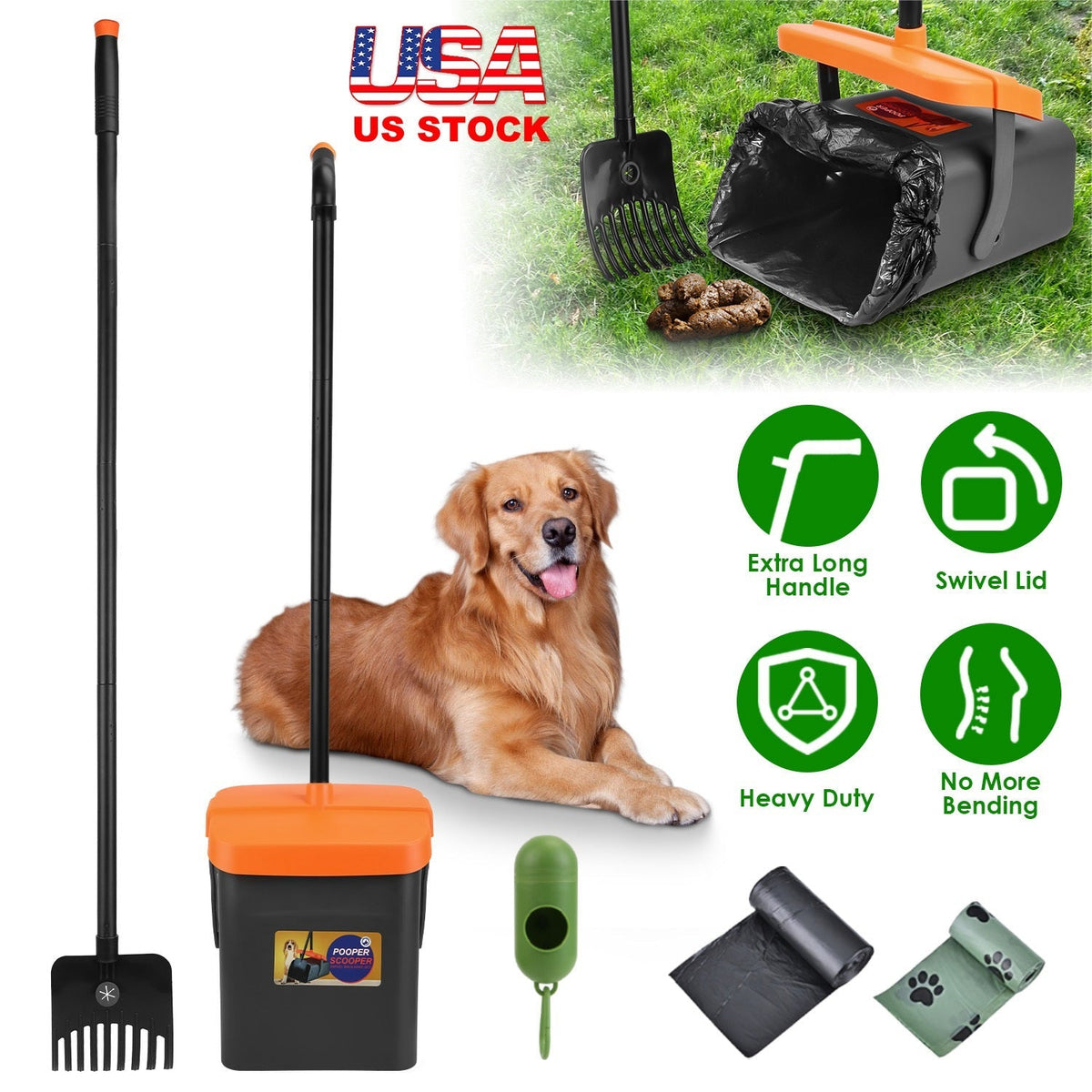 Pooper Scooper Kit Dog Poop Rake & Swiveling Bin Poop Heavy Duty Pick Up Tool with Extra Long Handle 35 Waste Bags Dispenser