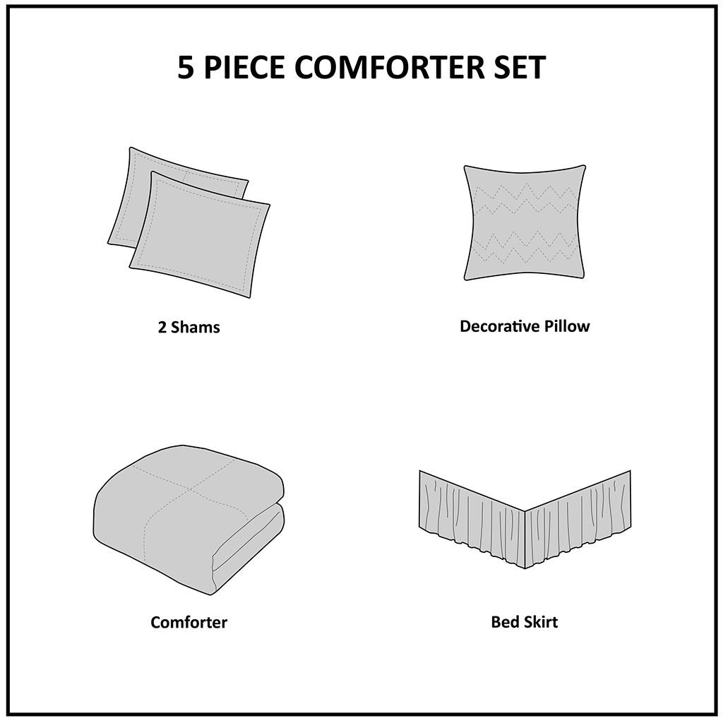5 Piece Microfiber Ruffled Comforter Set White Queen