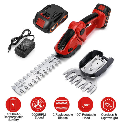24V Cordless Handheld Grass Shear Hedge Trimmer with 90¡ Cutting Angle 2Pcs Replaceable Blades Electric Shrub Trimmer Hedge Cutter with Detachable Bat