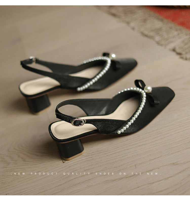 Women Block Heel Closed Toe Sandals, 2026 Summer New Fashion Square Toe Back Strap Pearl Fairy Style High Heel Pumps