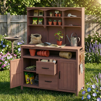 TOPMAX Large Fir Wood Potting Bench with Hutch and Storage