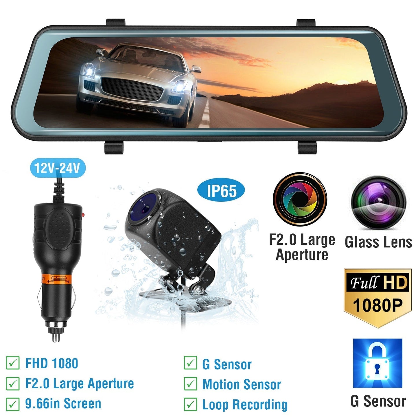 FHD 1080P Car DVR Dash Camera 9.66In Vehicle Driving Recorder w/ G Sensor Parking Monitoring Seamless Recording