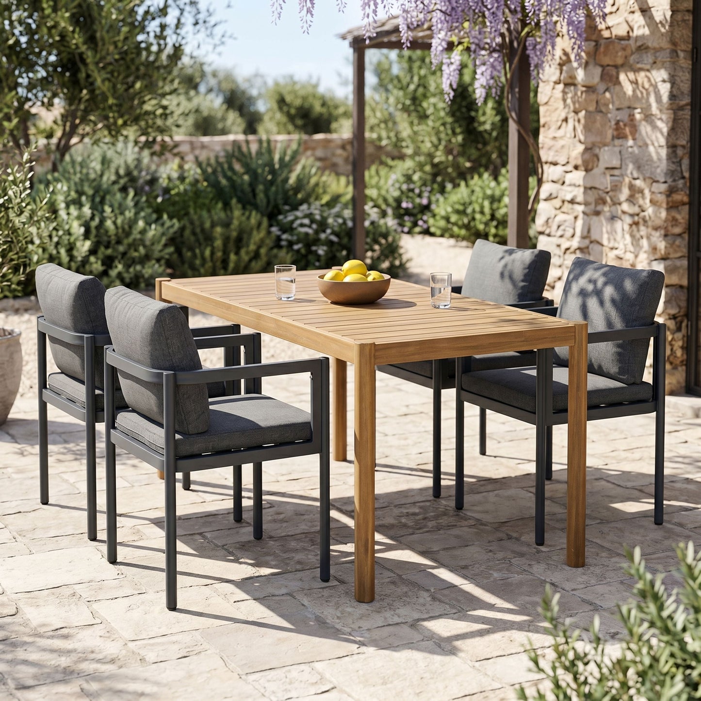 5-Piece Outdoor Patio Dining Set, Acacia Wood Rectangular Table & 4 Chairs