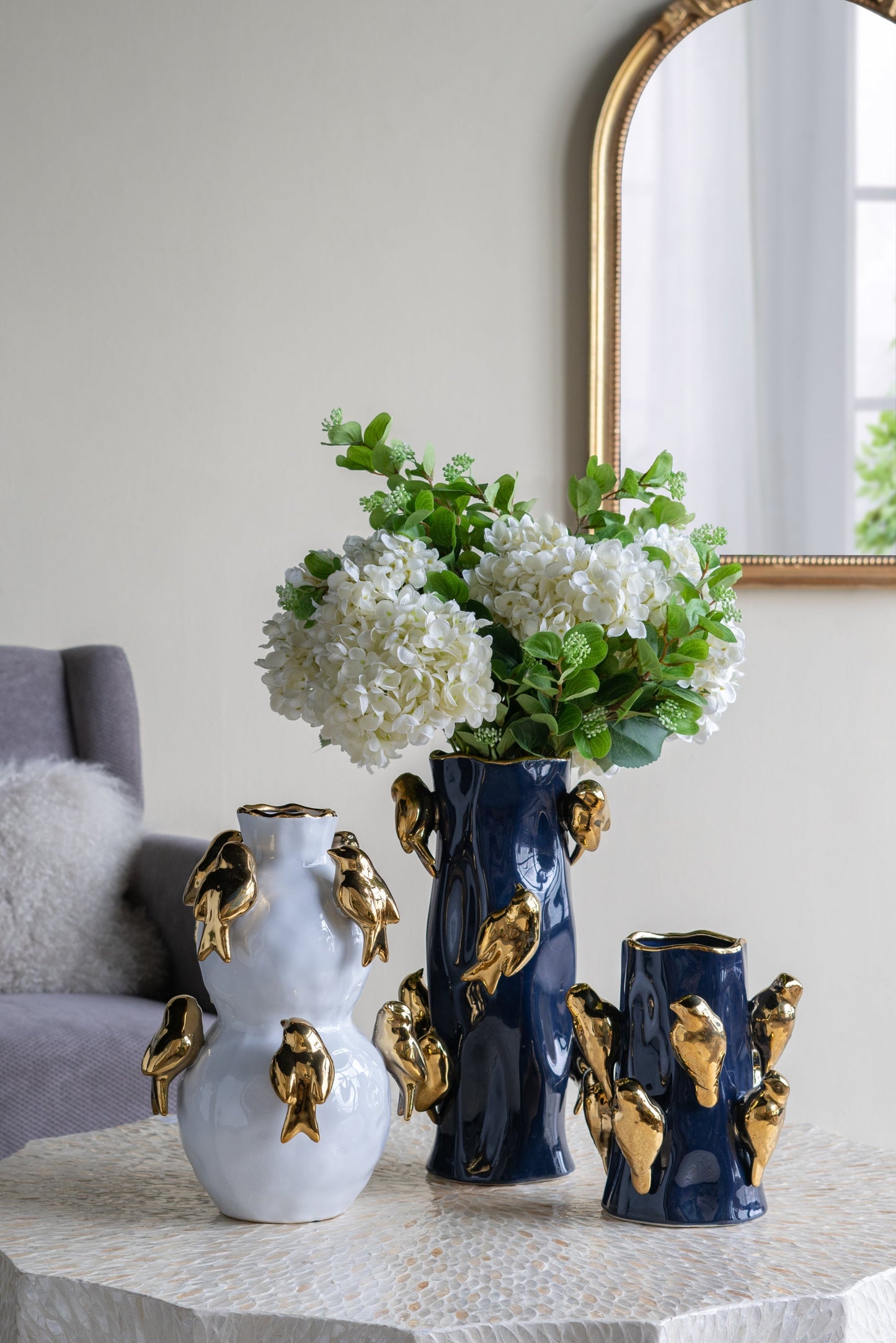 8.5x8.5x14 White Two-Tiered Ceramic Vase with Gold Bird Accents