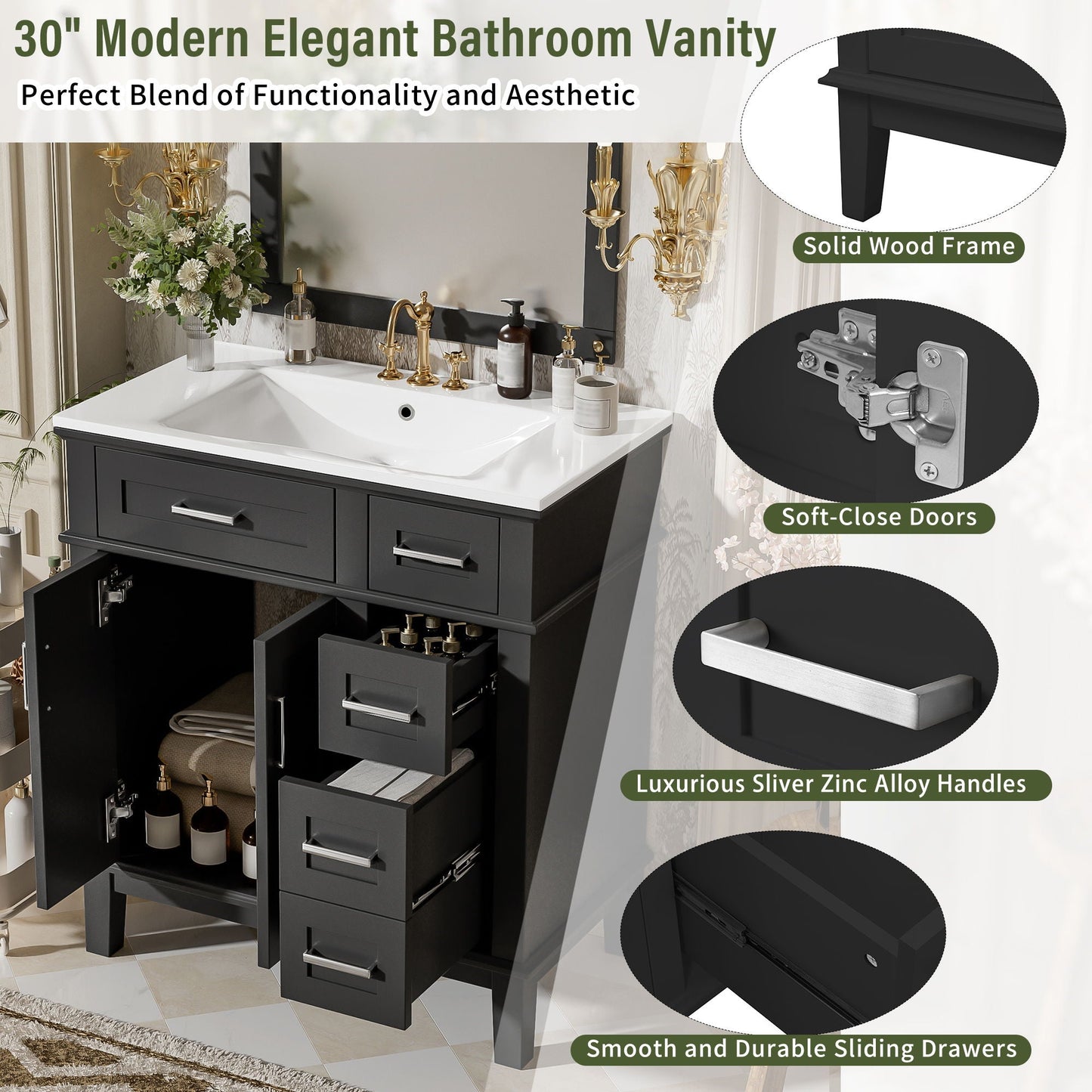 Modern Bathroom Vanity With Sink, Storage Cabinet, Soft Close Doors, Deep & Standard Drawers
