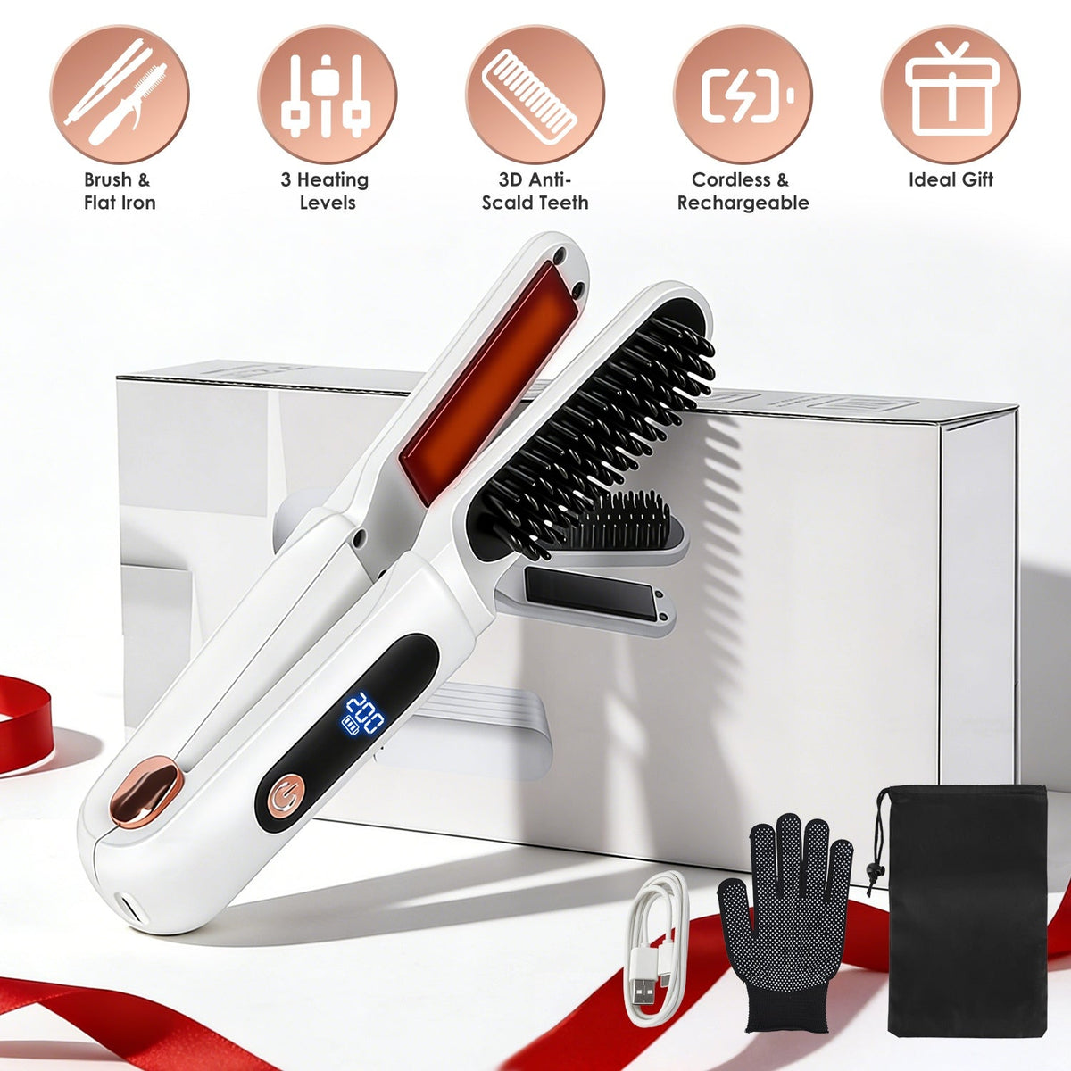 Cordless Hair Straightener Brush 2-in-1 Ceramic Flat Iron