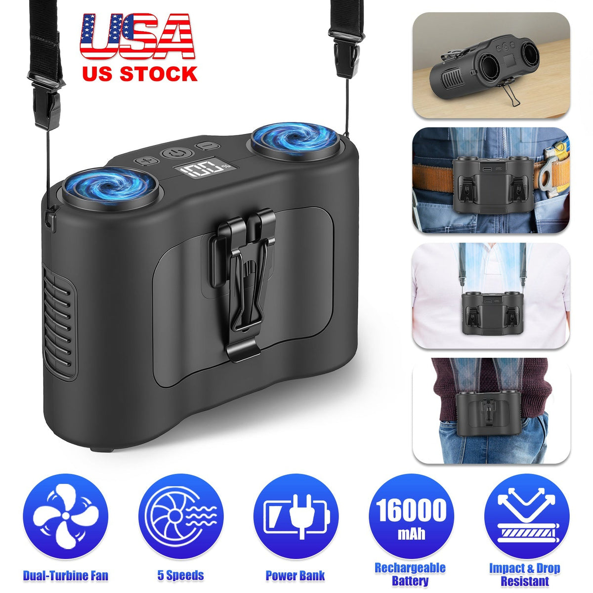 Wearable Waist Fan with 16000mAh Power Bank & Dual Turbines