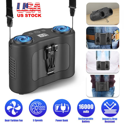 Wearable Waist Fan with 16000mAh Power Bank & Dual Turbines
