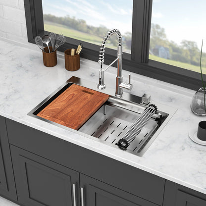 33" Drop In Kitchen Sink Single Bowl 16 Gauge Stainless Steel Ledge Workstation - Black