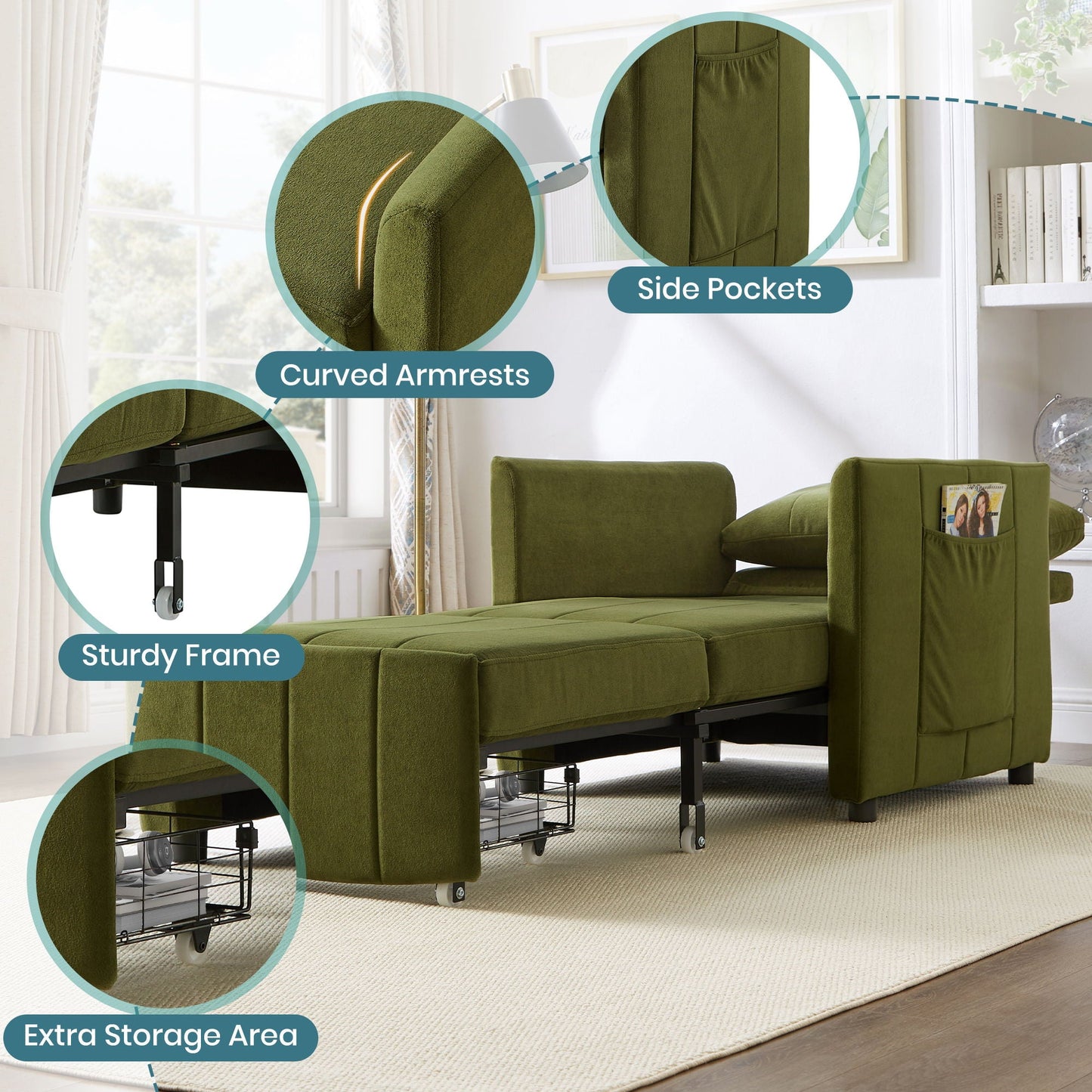 Upholstered Convertible Sleeper Sofa With 5 Position Backrest, Side Pockets, Storage