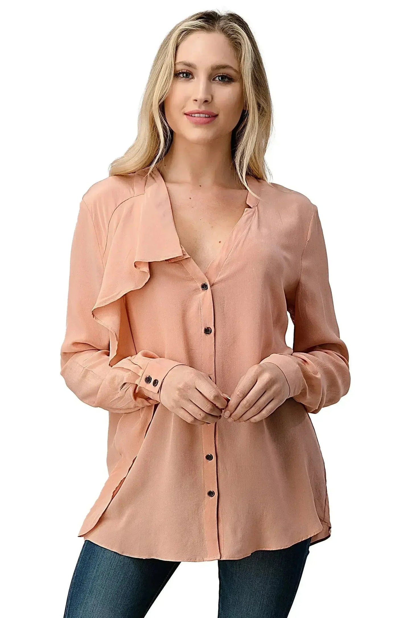 Silk Ruffle Blouse – Elegant Button-Up Shirt with Long Sleeves | Femstylo