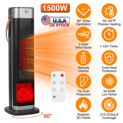 1500W Oscillating Ceramic Tower Space Heater with 3D Flame Portable Electric Heater with 3 Wind Modes 59-104℉Heating Remote Control 12H Timer Overheat