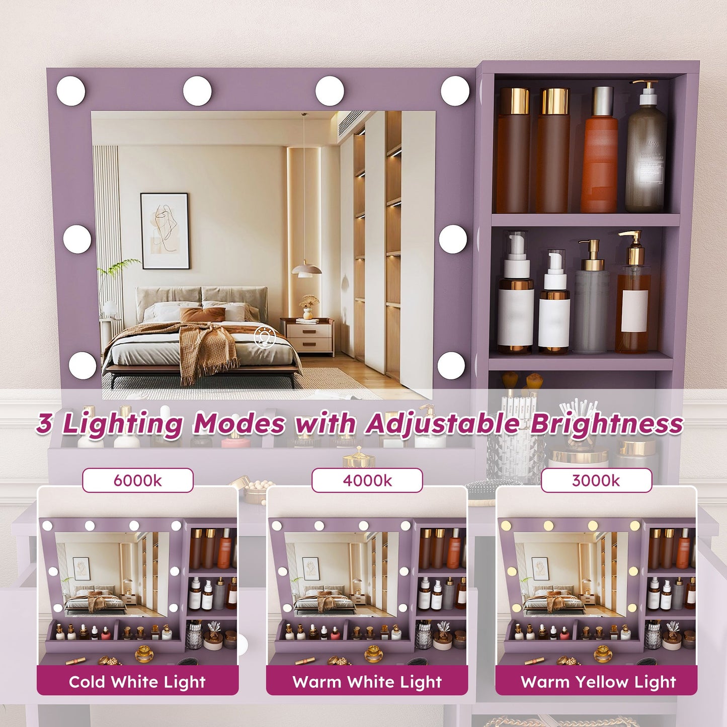 Stylish Vanity Desk Set with Padded Stool & Adjustable Lighted Mirror