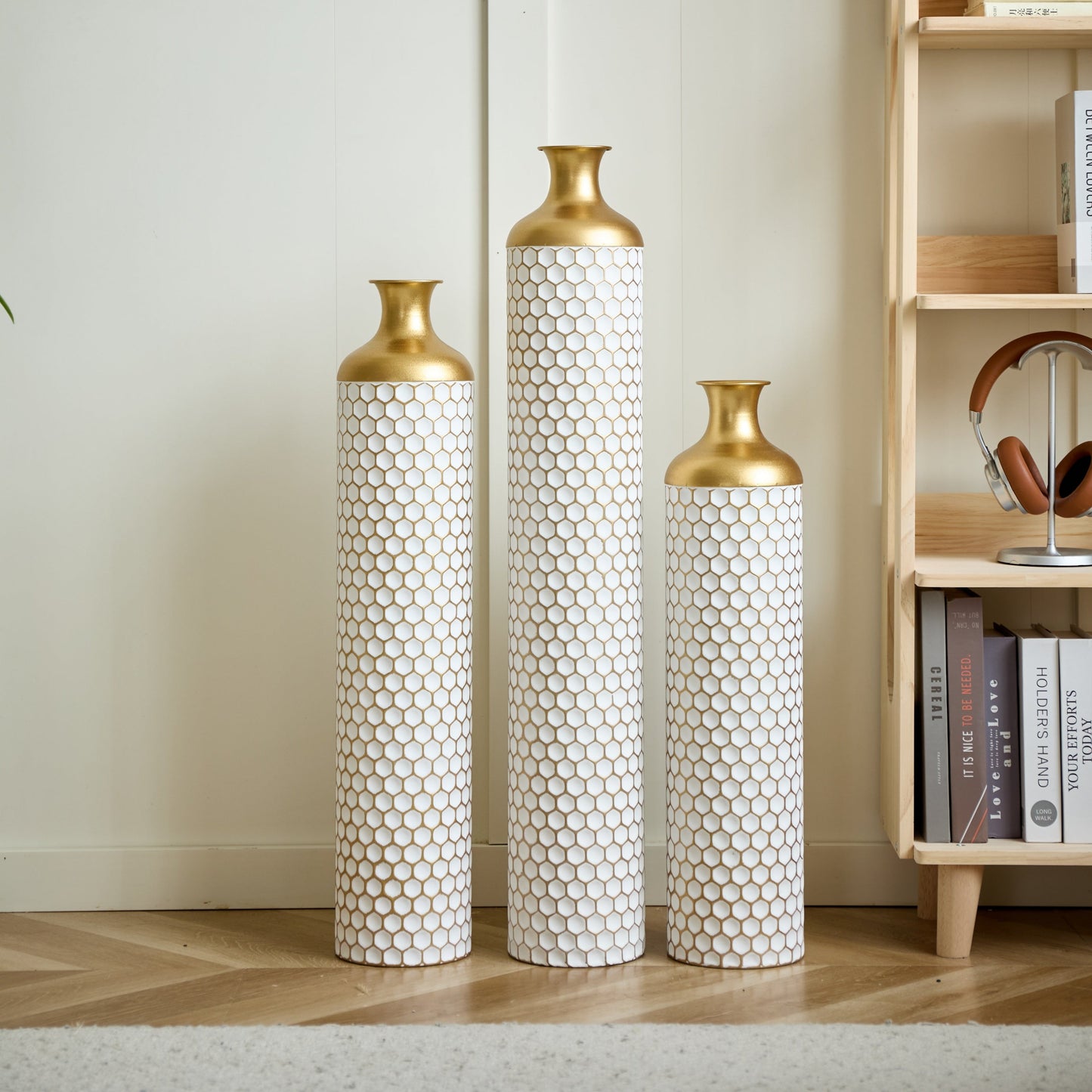 3-Piece Modern Metal Vase Set - White & Gold