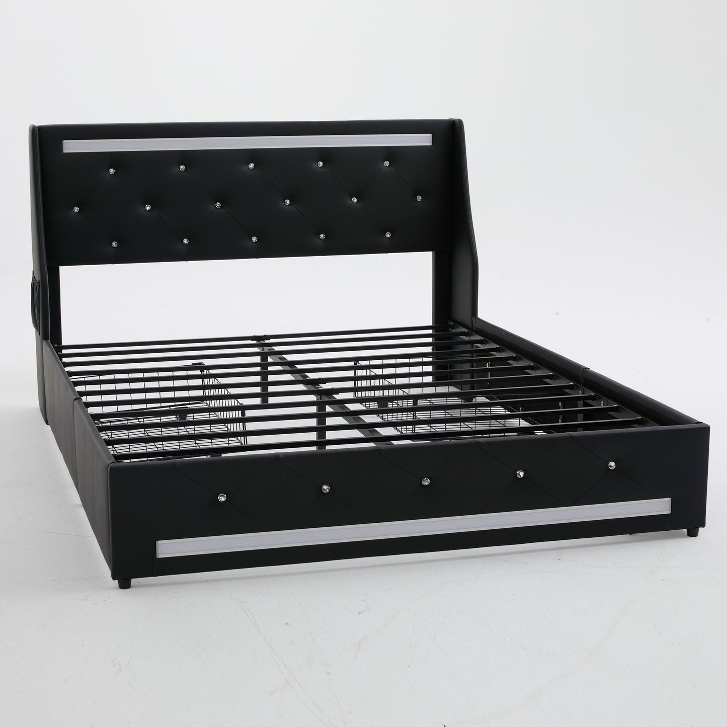 Wingback Upholstered Bed Frame With LED Lights, Charging Station
