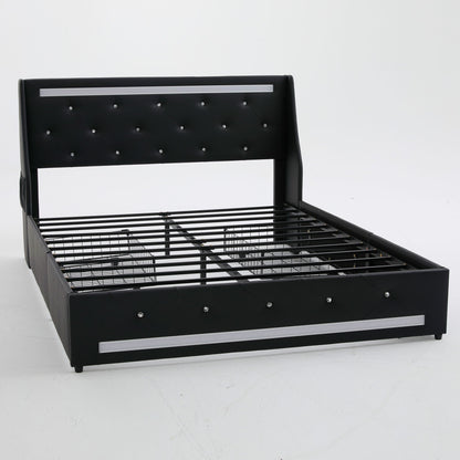 Wingback Upholstered Bed Frame With LED Lights, Charging Station