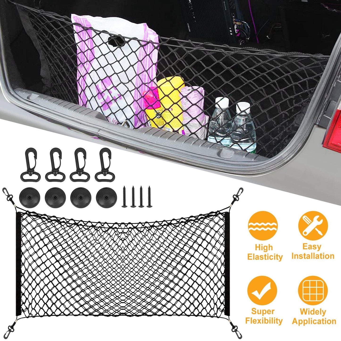 Trunk Cargo Net Stretchable Universal Elastic Truck Net Rear Seat Trunk Storage Organizer Net with Fasteners and Hardware Flexible Nylon Car Storage M