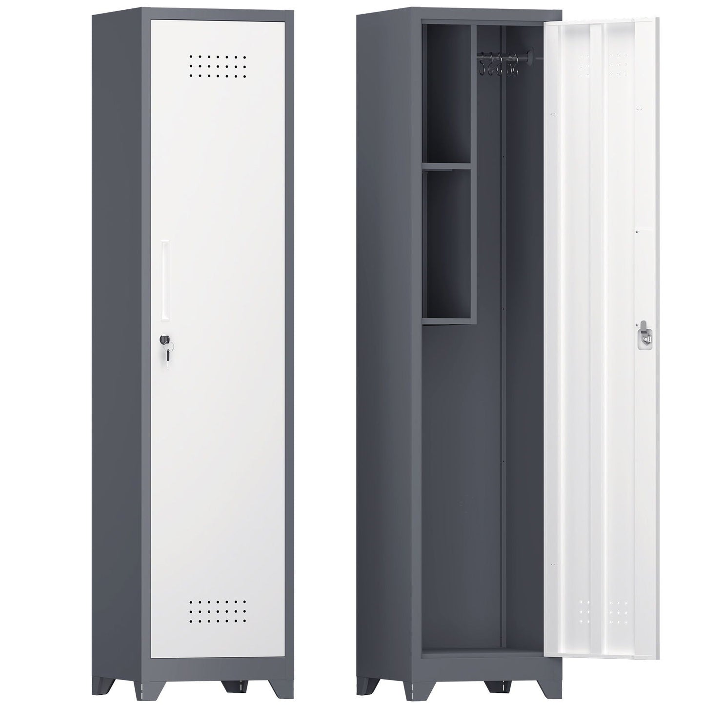 Broom Storage Cabinet Narrow Slim With Hooks And Shelves, Heavy-Duty