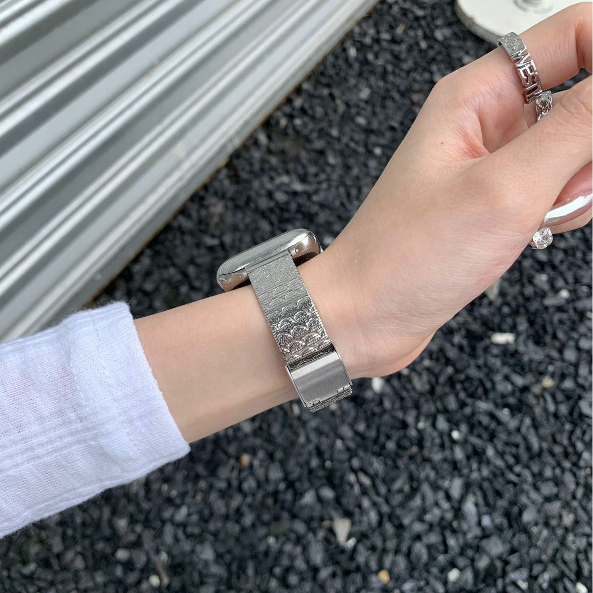 Silver Versatile Wave-pattern Stainless Steel Watch Strap