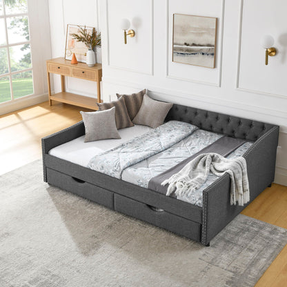 Upholstered Tufted Daybed With 2 Drawers, Waved Arms