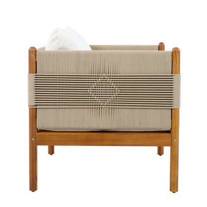 Outdoor Club Chairs (Set of 2) with Diamond-Pattern Beige Rope, Teak Finish