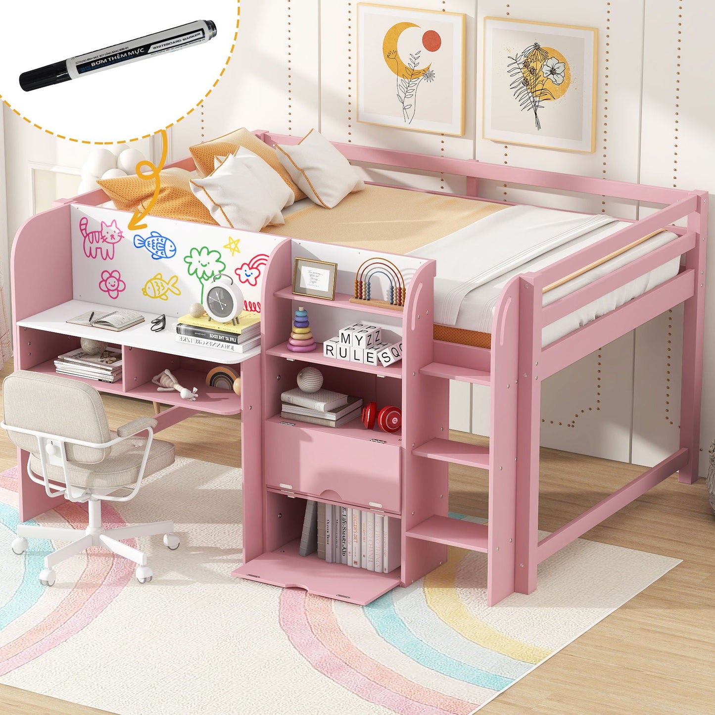Low Loft Bed With Built In Desk, Storage Cabinets, Open Bookcase And Doodle board