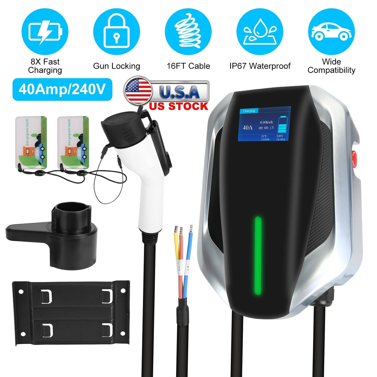 Level 2 Electric Vehicle Charger EV Wall Charger Car Charging Station with 2 Swipecards Digital Display Gun Locking for Home Garage