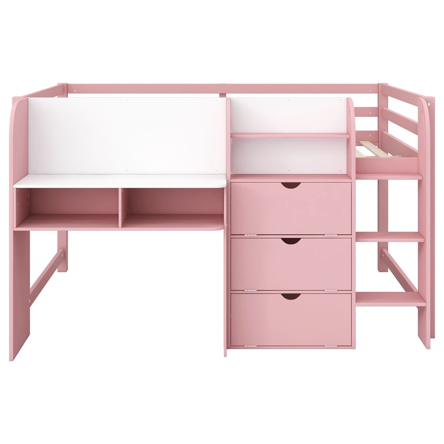 Low Loft Bed With Built In Desk, Storage Cabinets, Open Bookcase And Doodle board