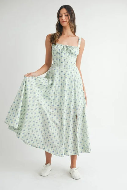 MABLE Floral Print Bustier Back Lace Up Midi Dress