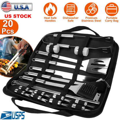 Stainless Steel BBQ Grill Tool Kit Grilling Utensil Accessories w/ Spatula Tongs Fork Knife_x000B__x000B_Brush Pepper Salt Shaker Bottle Grilled Skewers Corn Need