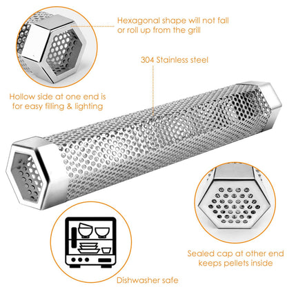 Pellet Smoker Tube 12" Stainless Steel BBQ Grill Smoker Tube Pipe For Wood Chips Cold Hot Smoking