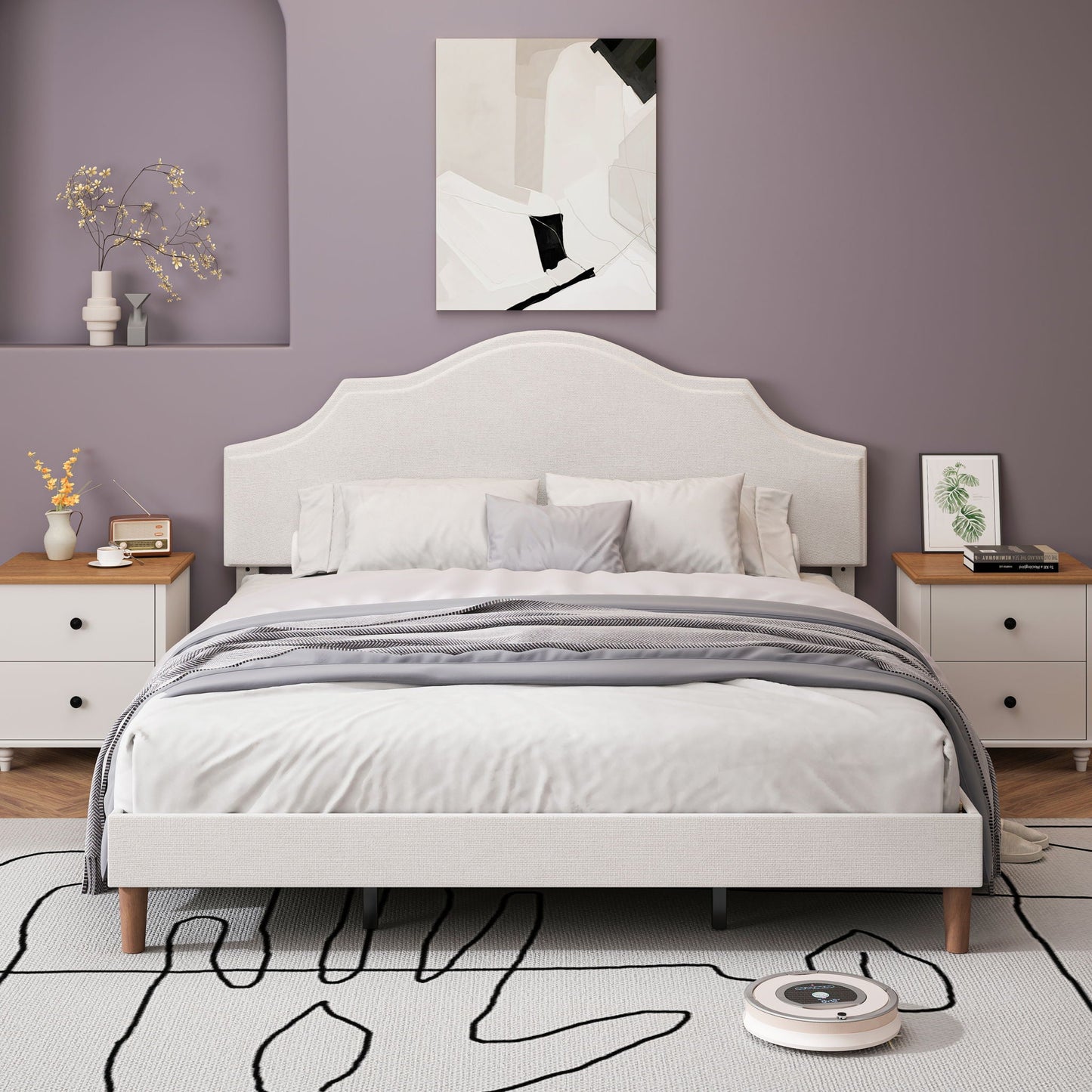 King Size, Upholstered Platform Bed Frame With Adjustable Headboard, No Box Spring Needed - White