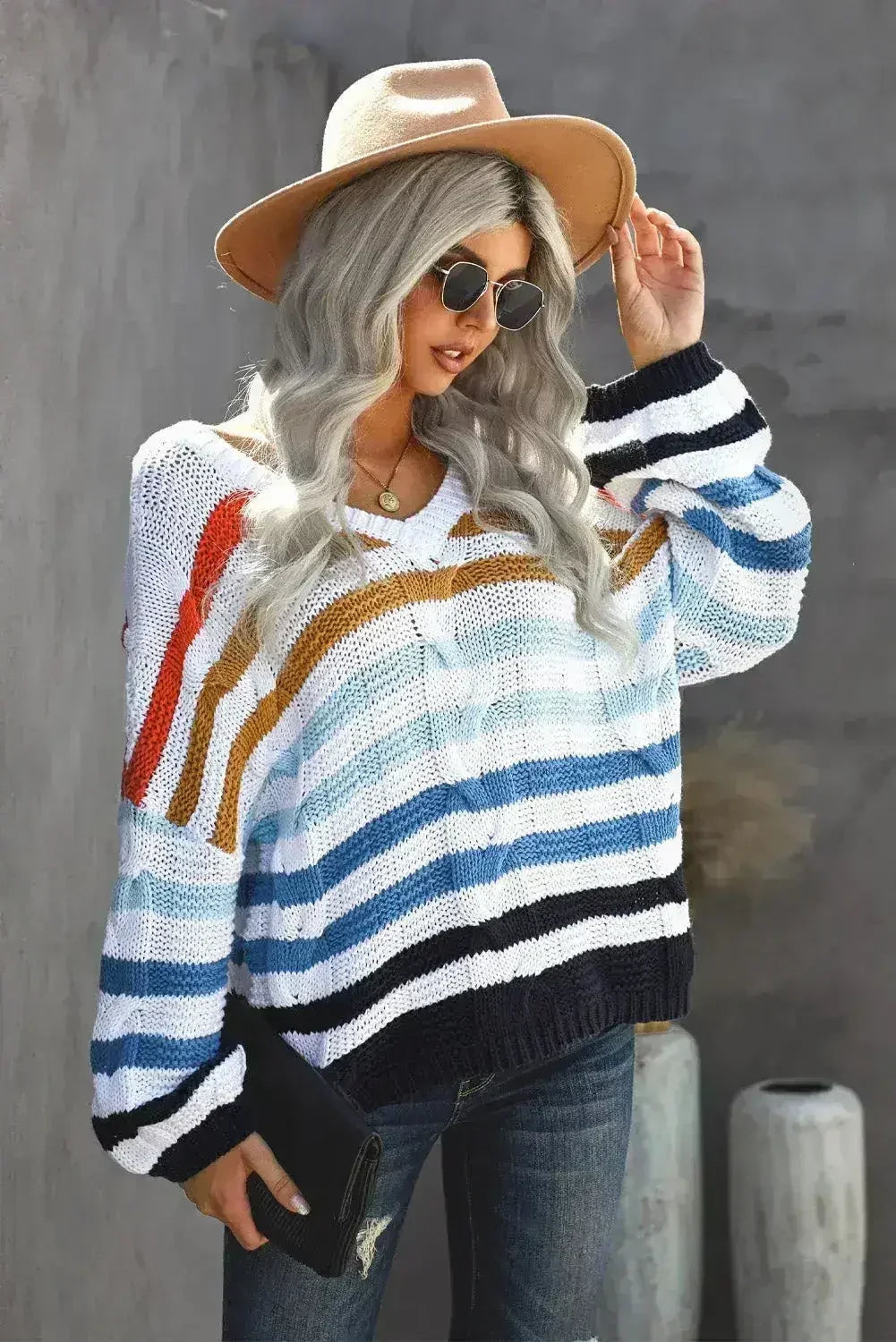 Colorful Striped Knit Sweater - Braided V-Neck Pullover with Puffy Sleeves | Femstylo