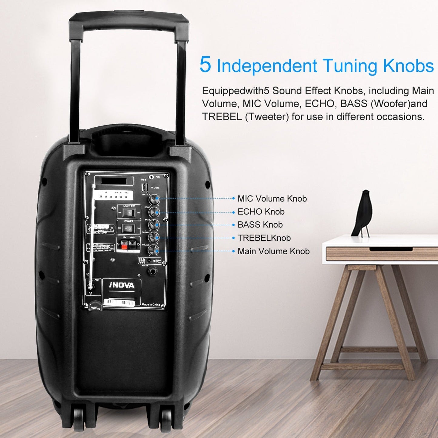 KOCASO Wireless Speaker Portable PA Karaoke System with 15" Subwoofer FM Radio Wired Microphone w/ DJ Lights Remote Control