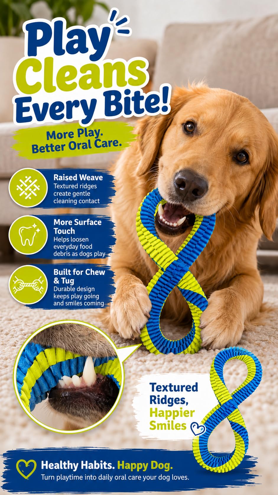 Dental Cleaning Tug Toy For Dogs, Dog Dental Toy, L With Textured Dental Weave, Washable Two Loop Figure 8 Design For Supervised Tugging, Chewing And Fetch