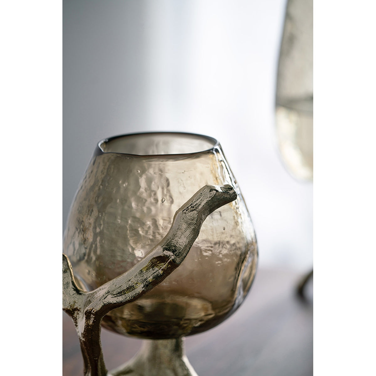 Olive Glass Candle Holder with Gold Metal Legs