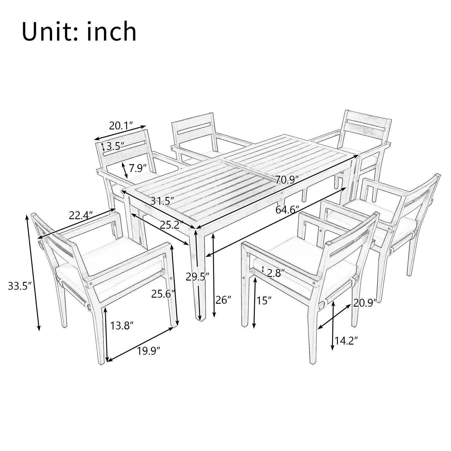 U_Style 7 Pieces Acacia Wood Outdoor Dining Set with Cushions