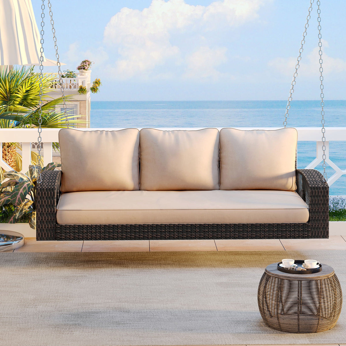 3 Person Large Patio Swing Bench With Cushions For Backyard