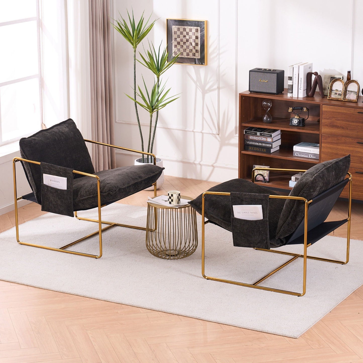 Upholstered Hanging Armchair With Arm Pocketsmetal Frame (Set of 2), Plated Craftsmanship, Crushed Foam Cushions And Skin-Friendly Woven Fabric For Living Room And Bedroom