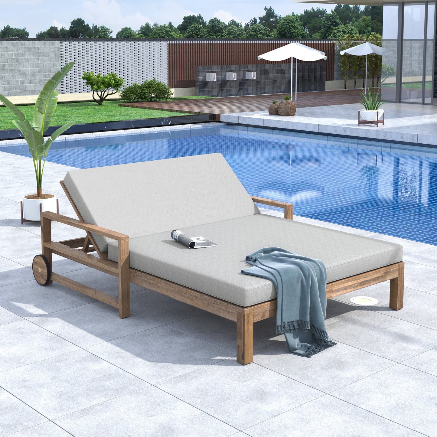 TREXM 1-Piece Farmhouse Wooden Outdoor Sunbed for 2 People