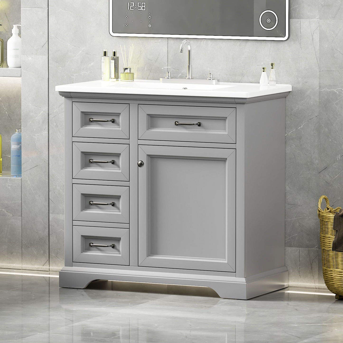 36" Bathroom Vanity With Sink, 2 Tip-Out Drawers, Soft Close Hinges
