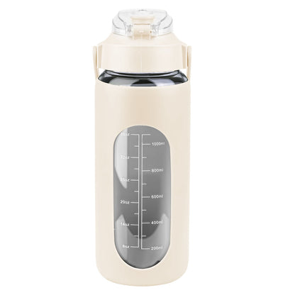 64Oz Glass Water Bottle Sports Water Bottle Motivational Water Bottle Water Intake Tracker Bottle with Straw Time Marker Silicone Sleeve Handle for Gy