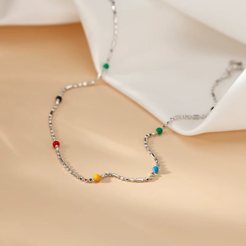 1pcs 999 Sterling Silver Mixed Bead Color Enamel Anklet, Bohemian Minimalist Style, For Summer Beach Daily Wear & Women Holiday Gifts