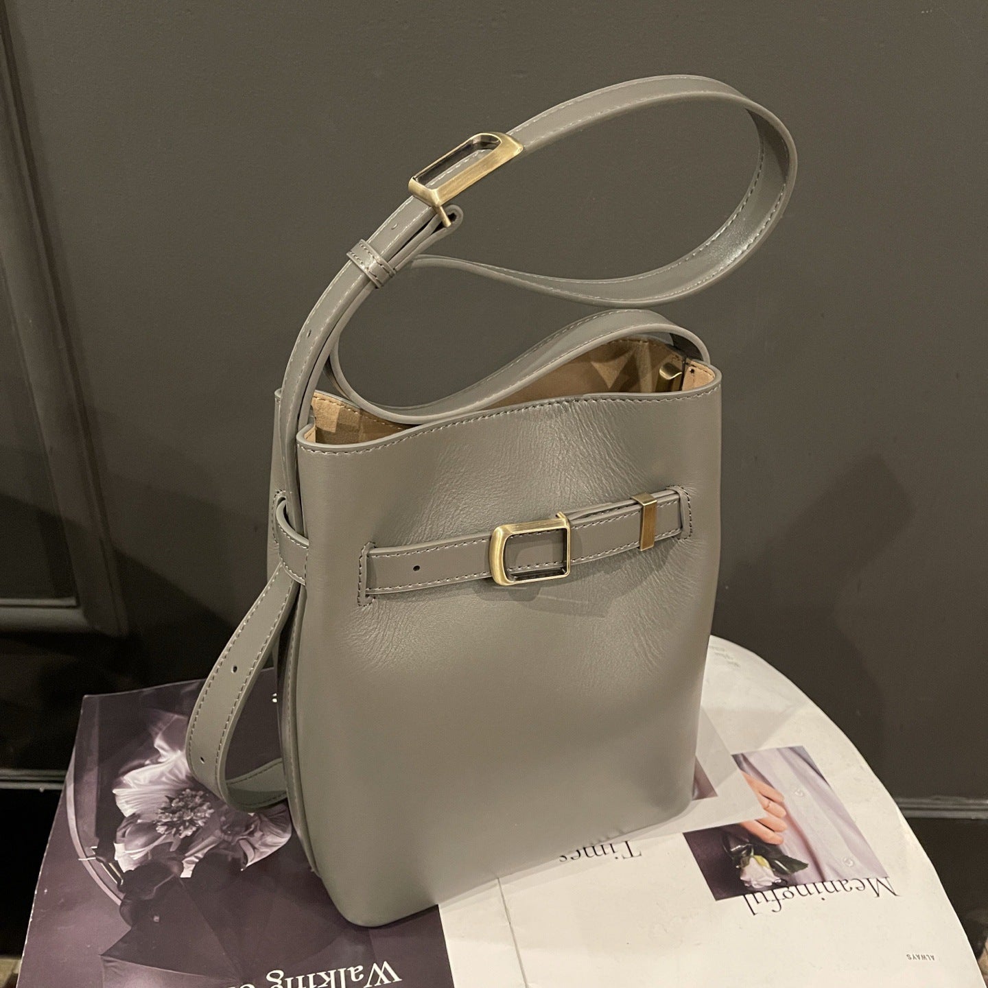 Vintage High-end Feel Bucket Bag, Genuine Leather Ladies' Shoulder Bag, Vintage Top-grain Cowhide Crossbody Bag For Women