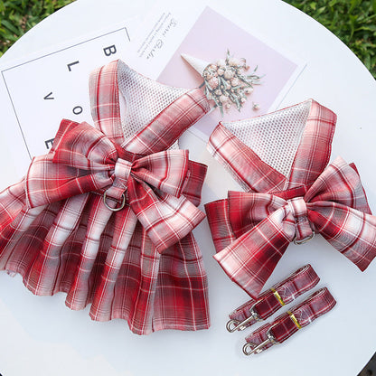 Pet Plaid Skirt Chest Strap Hand Holding Rope